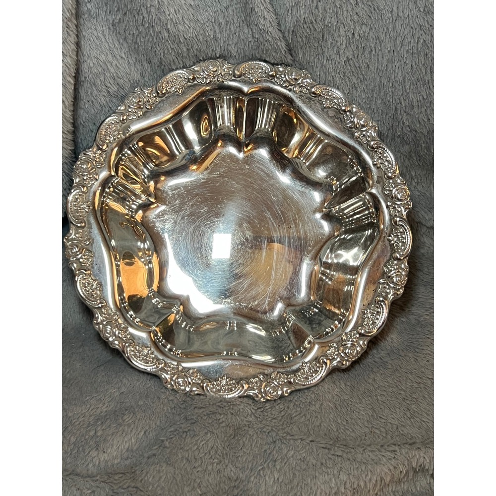 FB Vintage Silverplate Rose Rim Serving Bowl Dish‎ Ornate Floral Patterns 8 In